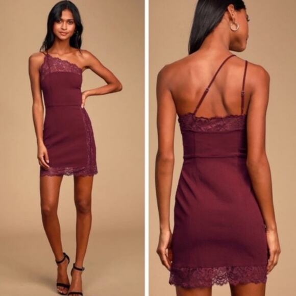 Free People Dresses & Skirts - Free People Dress Sexy Lace Trim One Shoulder Bodycon Mini Dress, Size Large